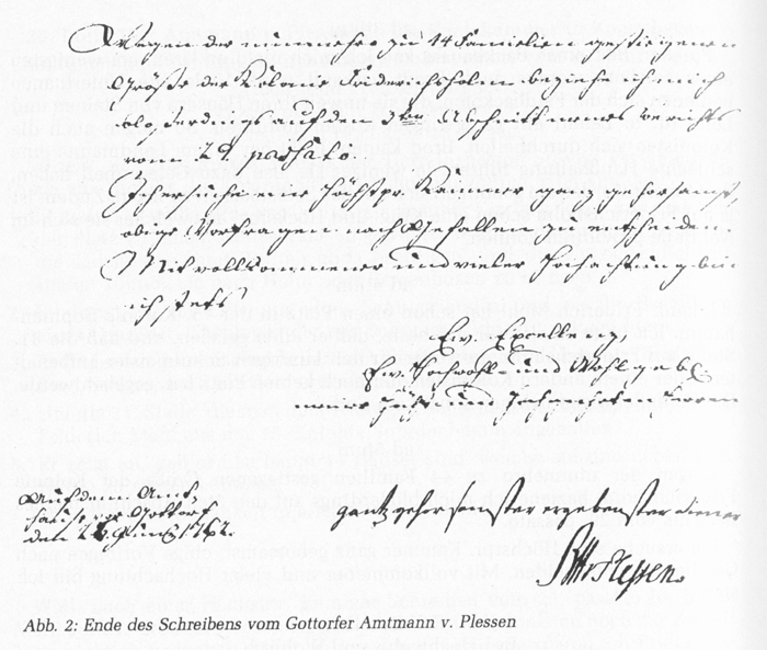 Abb. 2: Ende des Schreibens vom Gottorfer Amtmann v. Plessen