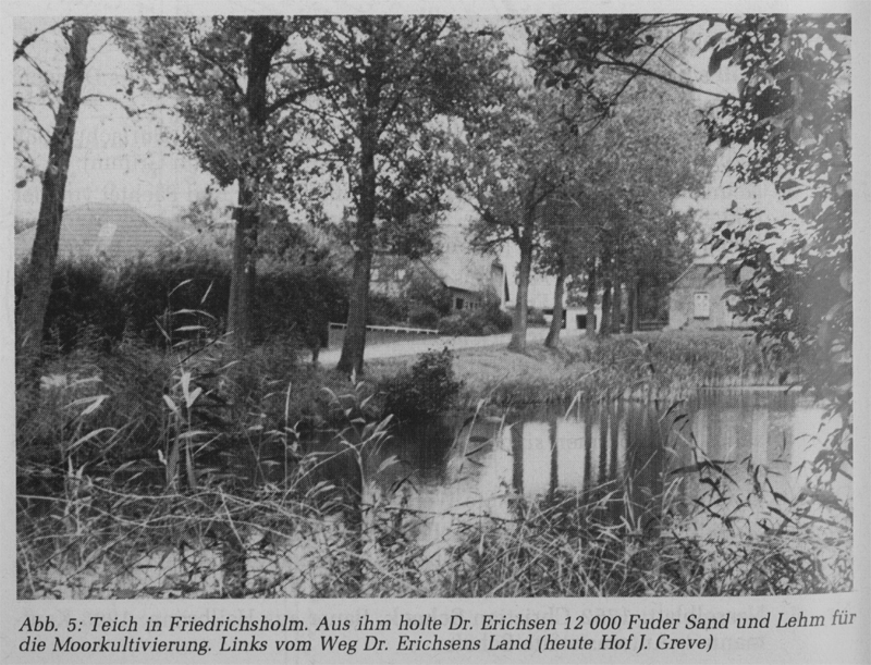 Abb. 5: Teich in Friedrichsholm. Aus ihm holte Dr. Erichsen 12000 Fuder Sand und Lehm für die Moorkultivierung. Links vom Weg Dr. Erichsens Land (heute Hof J. Greve)